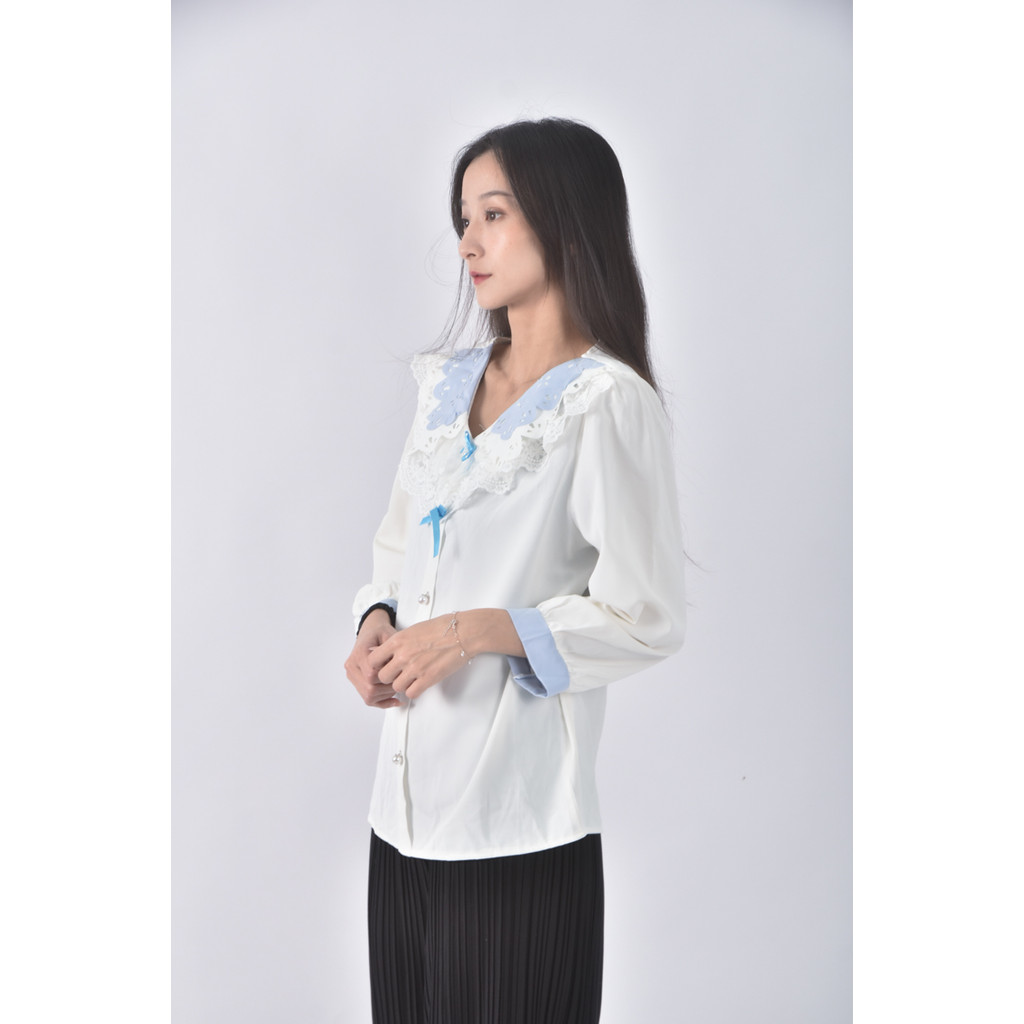 (L) 假兩件白色長袖上衣二手衣, , large