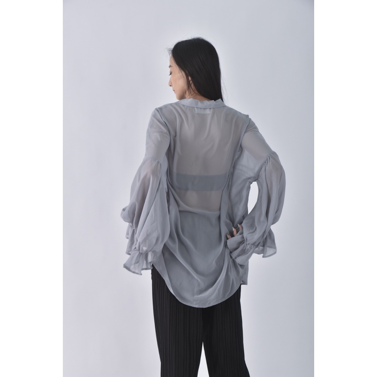(2XL) lancylancy寬鬆透膚灰綠色襯衫上衣二手衣, , large