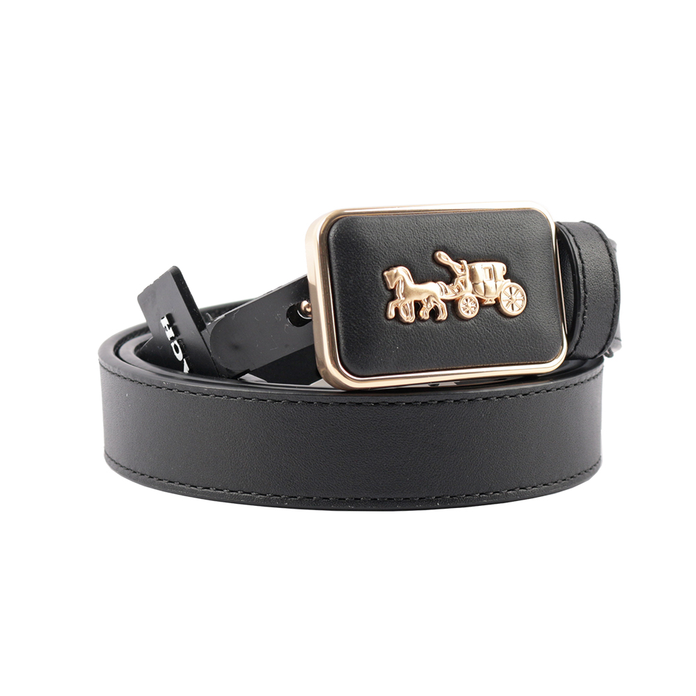 COACH 馬車圖案方牌釦頭精緻牛皮寬2.5cm皮帶 S / 黑色, 黑色, large