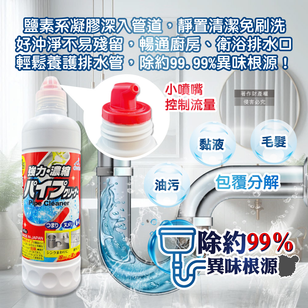 [日日好物]日本Rocket火箭石鹼-AWAS排水管去油污消臭濃縮凝膠清潔劑450g/瓶(鹽素系廚房衛浴水槽疏通,U型管道防堵塞淨味,免刷洗毛髮分解去黏液), , large