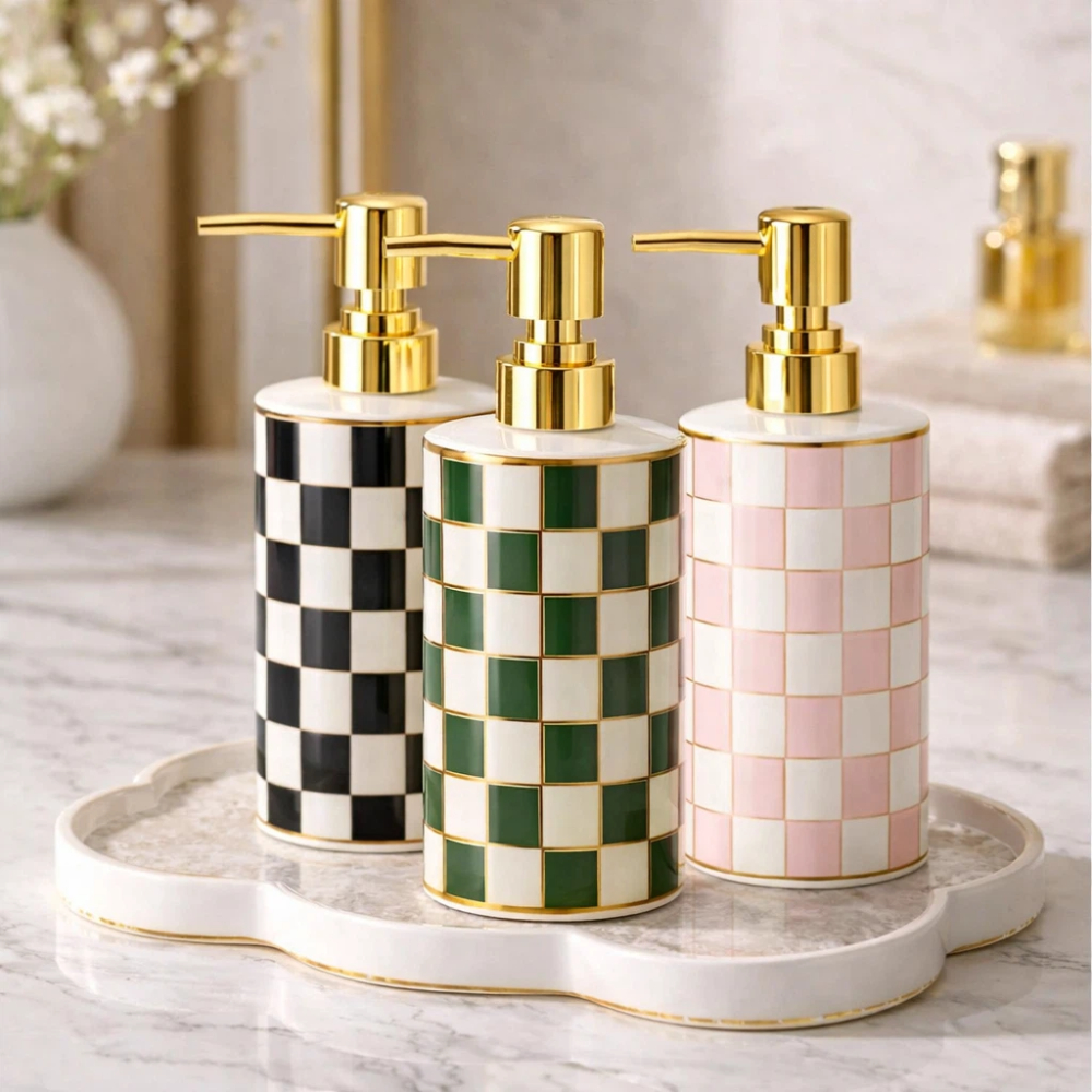 【A&R】復古棋盤格陶瓷洗護按壓瓶 300ML 三色任選, , large