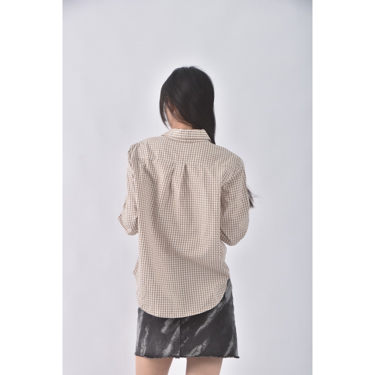 (L) warion質感格紋棕色長袖上衣二手衣, , large