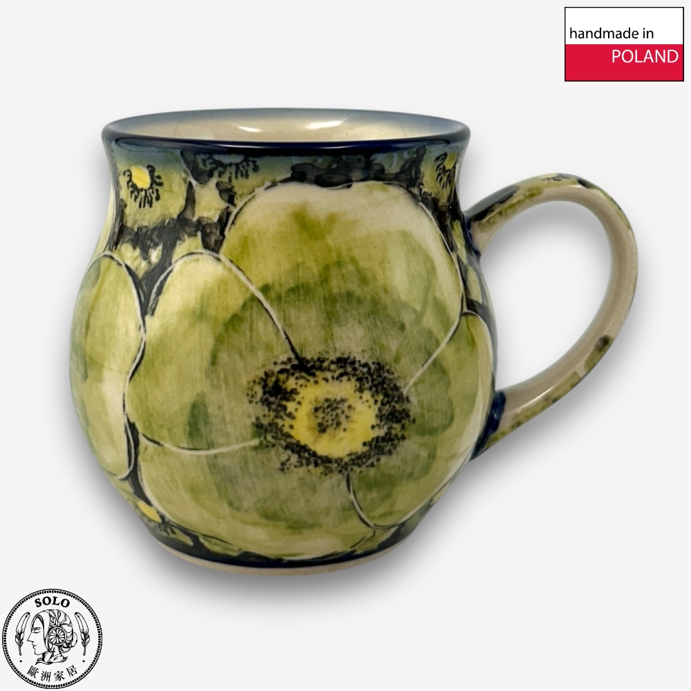 【SOLO Vintage】Cerraf Polish Pottery 350ml Mug Plain Words of Green Flowers Series Made in Poland