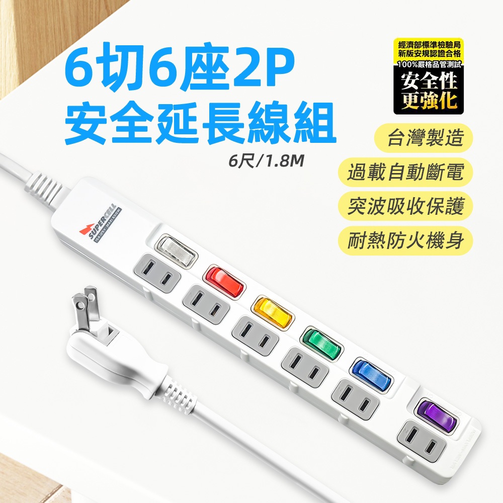 Super Electric King SNB266-15 6 Open 6 Plug 6 Feet 2P Extension Cord UL Certified Overload Protection 180 Degree Steerable Plug, , large