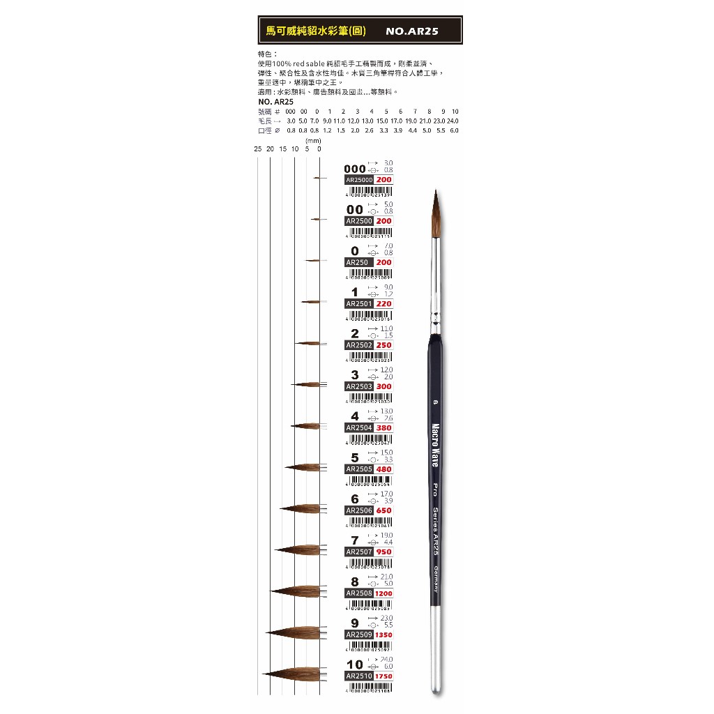 普思AP 純貂毛水彩筆-圓(AR25000), , large