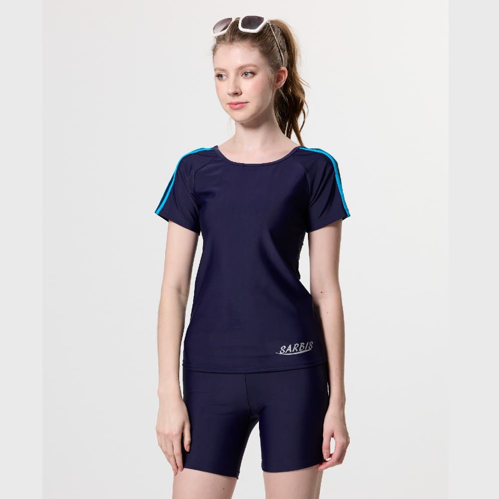 Monina Taiwan-made girls short-sleeved two-piece swimsuit with blue piping on shoulders, dark blue, , large
