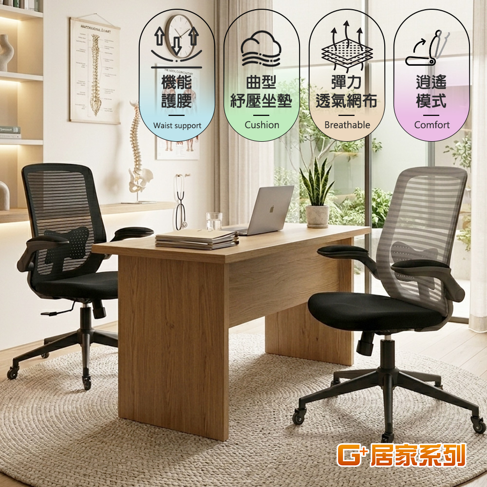 G+ Home No-Assembly Taiwan-Made Ergonomic Low-Back Breathable Lumbar Support Chair &ndash; Gray (Matte Black Conical Base + 2" Black Casters) (C6826-G4), , large