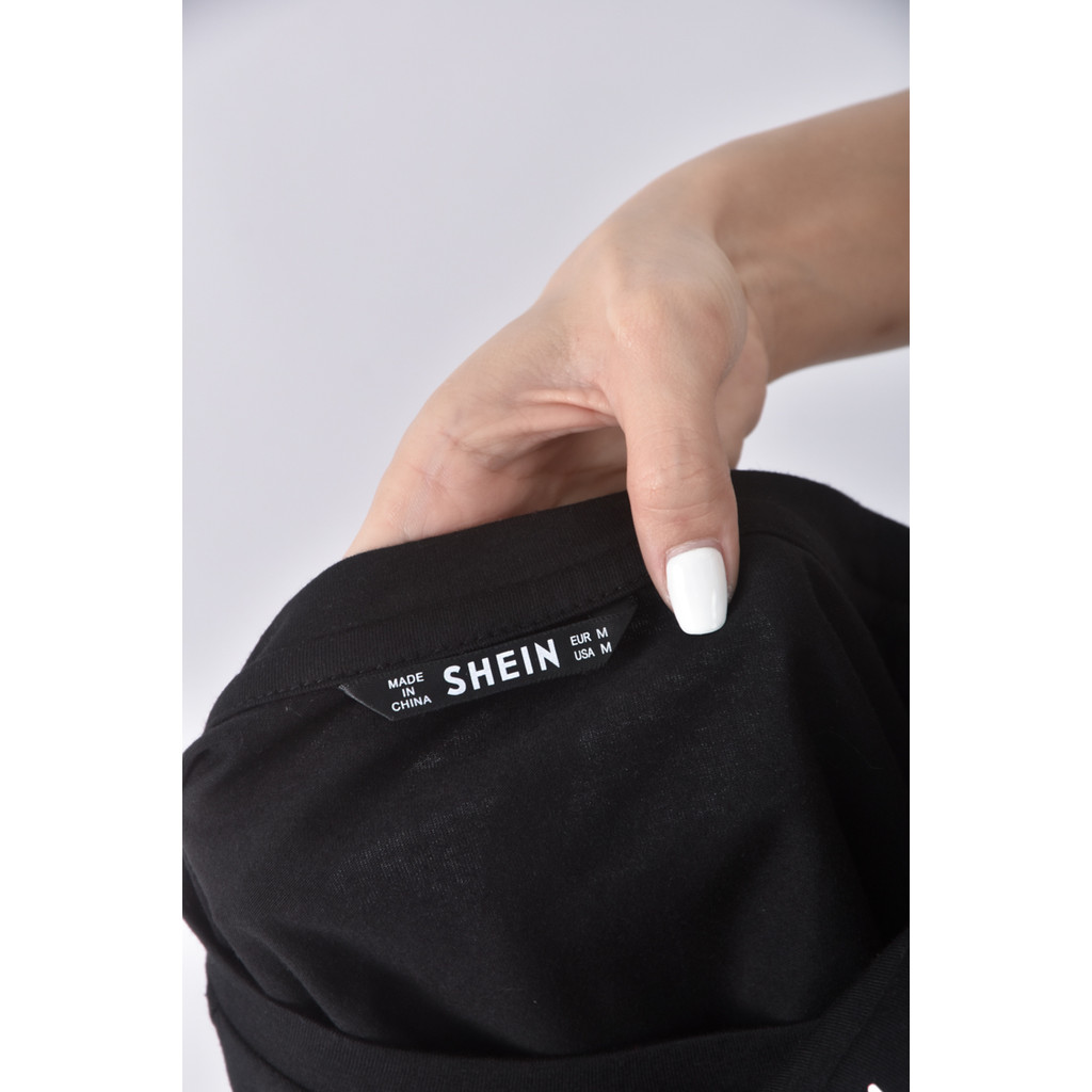 (S) shein質感棉質圓領黑色短袖上衣二手衣, , large