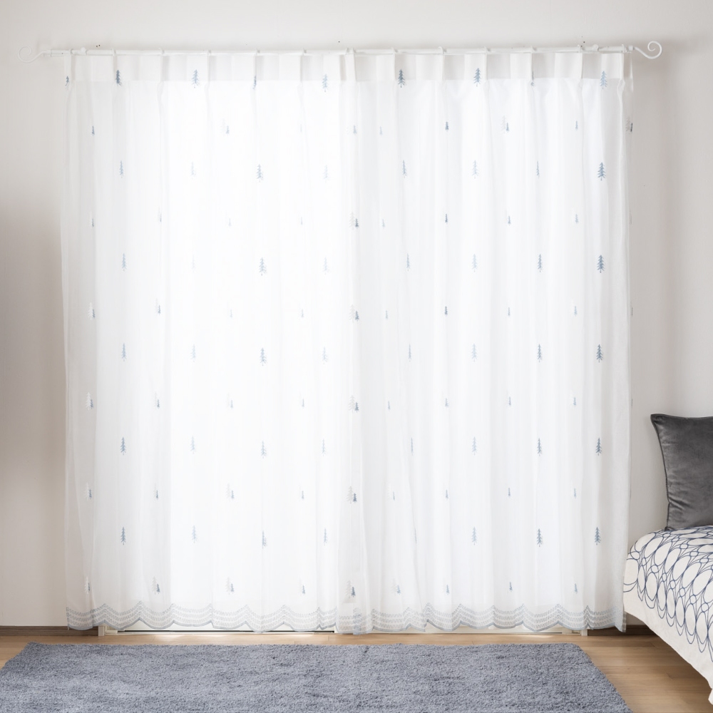 Ready-Made Sheer Curtains – Set of 2 Panels – "Snow Fir" Design – Width 100cm, Height 163/208/238cm – Made in Taiwan – Embroidered – Blue Tones – Machine Washable, , large