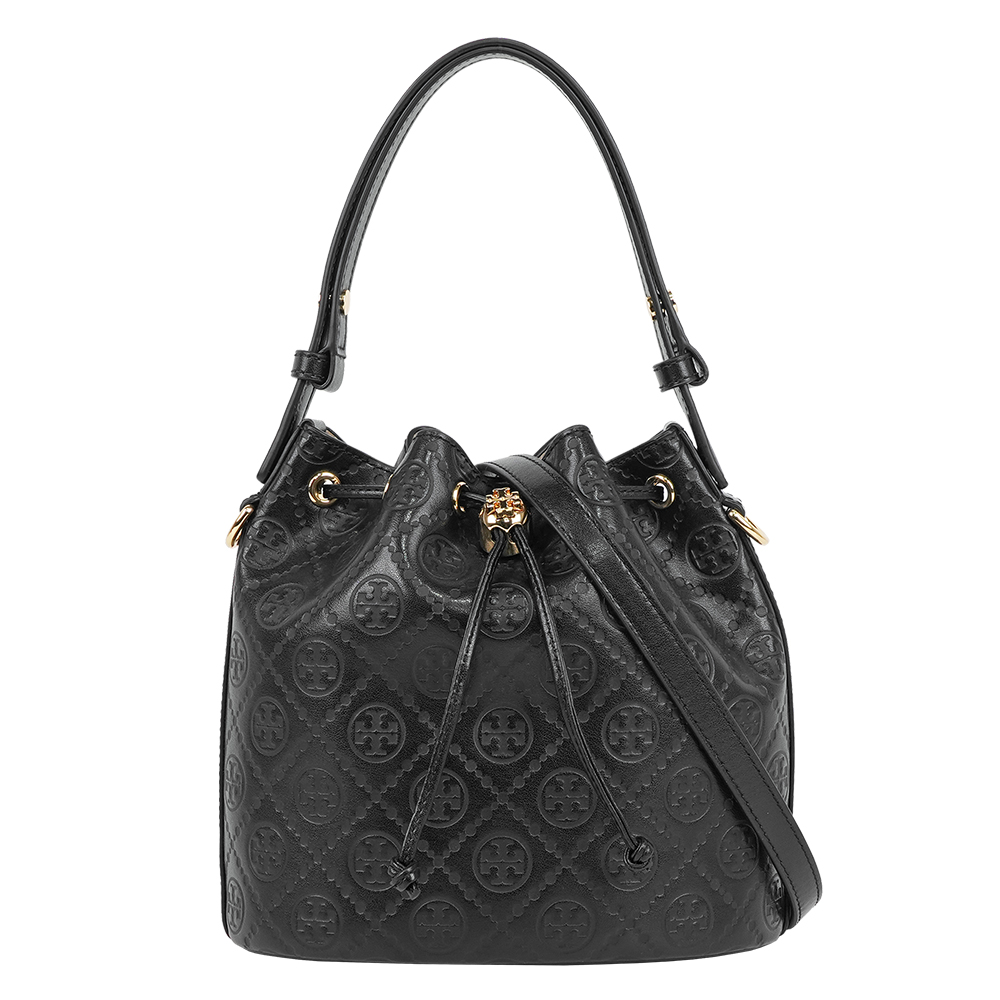 TORY BURCH T Monogram 皮革壓紋水桶包(黑色), , large