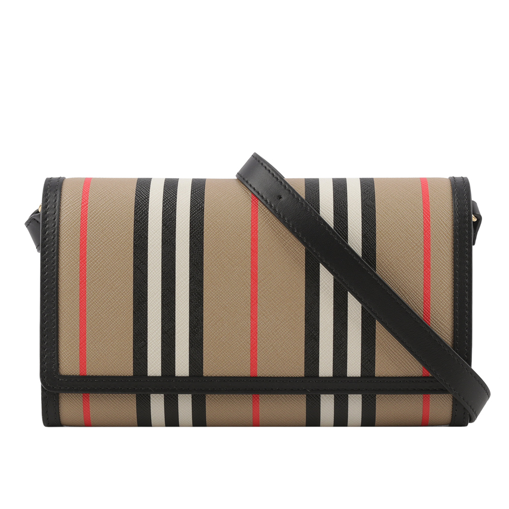 BURBERRY Hannah Icon Stripe 經典條紋皮夾式斜背包/米色/黑色, , large