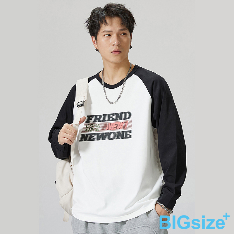 大尺碼-插肩拼接長袖T恤-黑白-0201125, , large