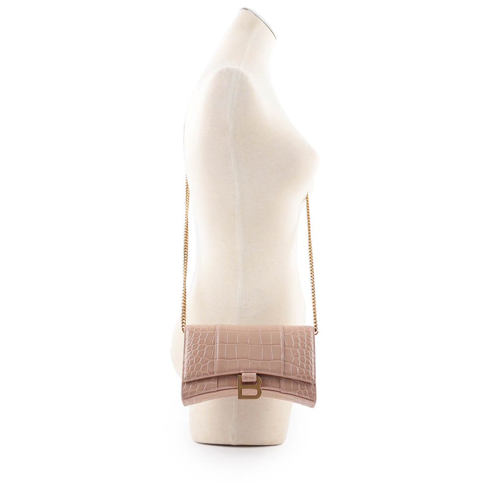 BALENCIAGA Hourglass 牛皮壓鱷魚紋皮夾式鏈包WOC/裸粉色, , large