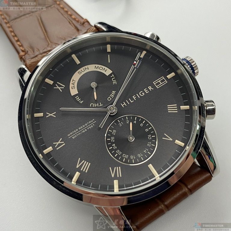[星晴錶業]TommyHilfiger手錶,44mm,TH00018黑色錶面銀錶殼咖啡色真皮皮革錶帶款, , large