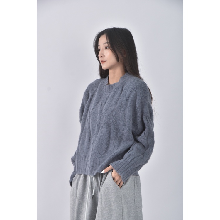 (F) 修身短版圓領藍色毛衣二手衣, , large