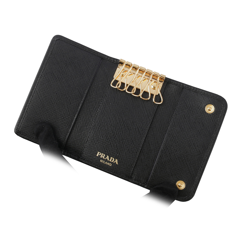 PRADA 金色三角牌Logo 尼龍壓釦六孔鑰匙包/黑色, , large