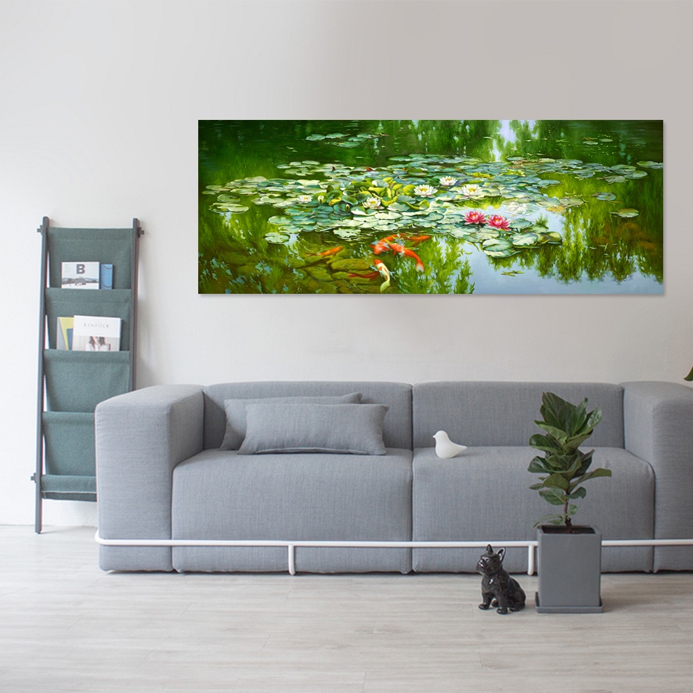 【御畫房】荷塘春色 國家一級畫師手繪油畫60×120cm(VF-38)