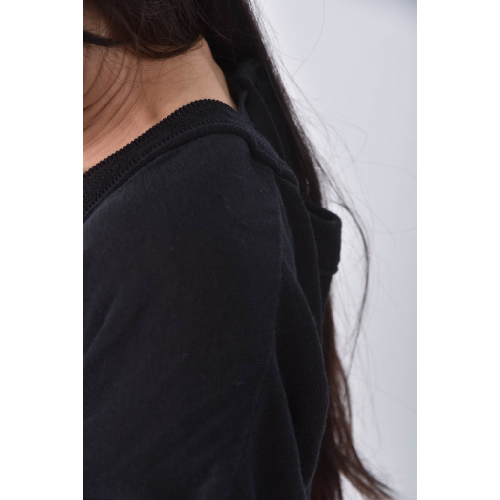 (M) 綁帶 、落肩黑色長袖上衣二手衣, , large