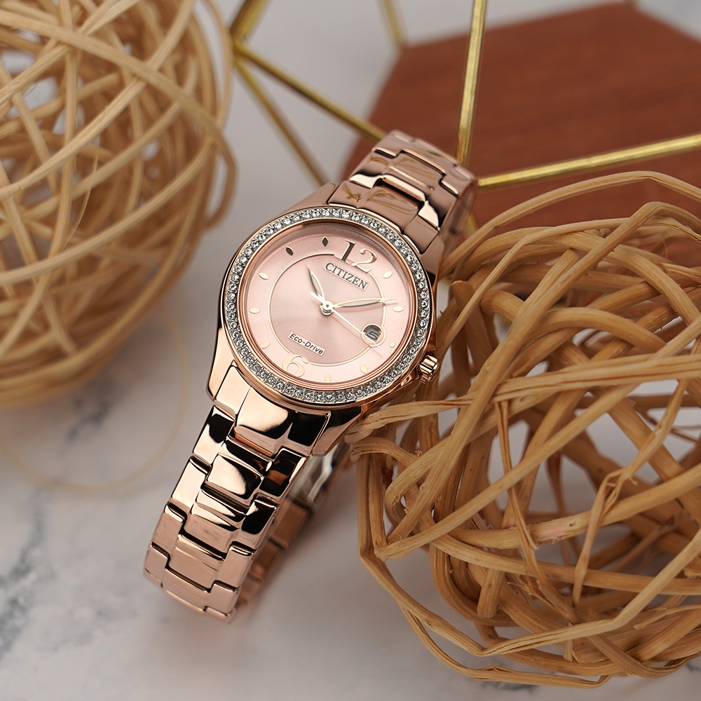 CITIZEN 星辰 光動能水晶奢華女錶-粉橘x玫瑰金 FE1252-82X, , large