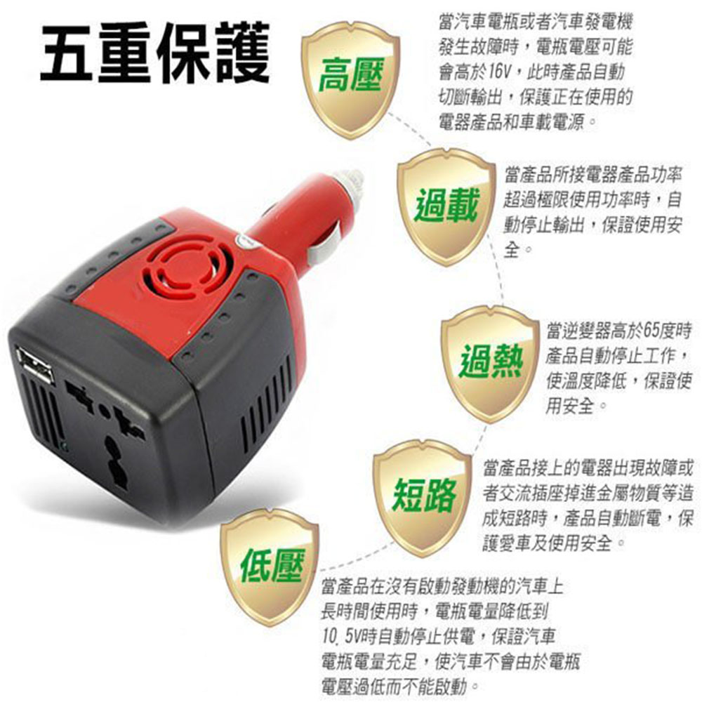 150W Car Socket Transformer 12V to 110V - USB 2.1 with Red Edge, , large
