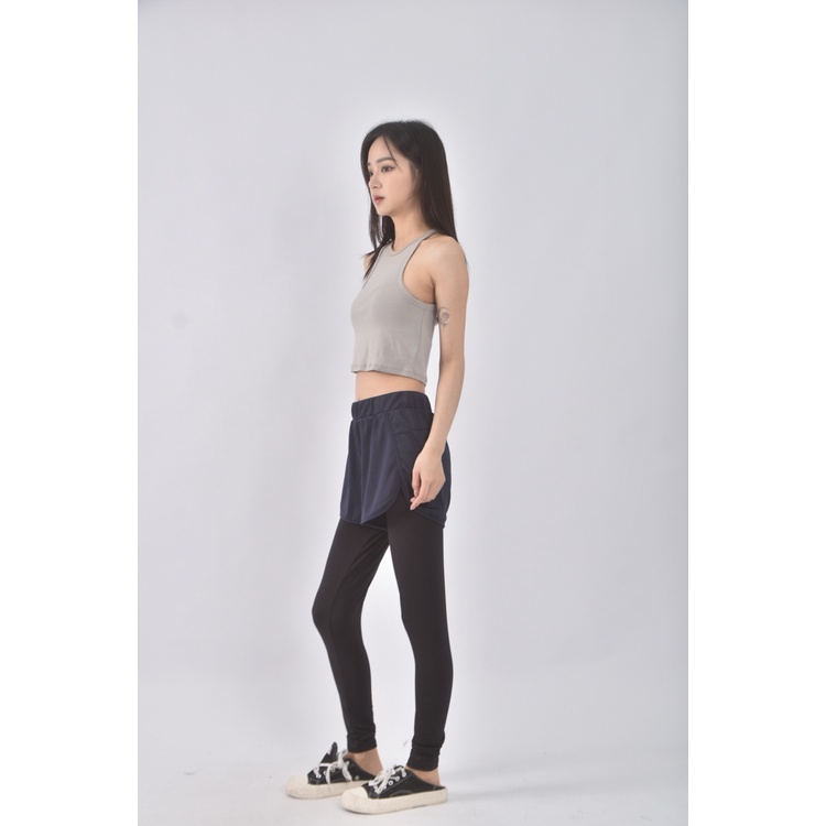 (S) 衣芙高腰運動假兩件藍色長褲二手衣, , large