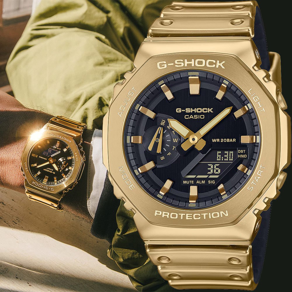 CASIO 卡西歐 G-SHOCK 單色美學 八角金屬錶殼 雙顯手錶-金 GM-2100YMG-9A, , large