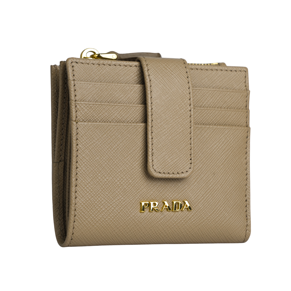 PRADA 金字浮雕Logo 防刮牛皮卡片短夾/藕粉色, , large