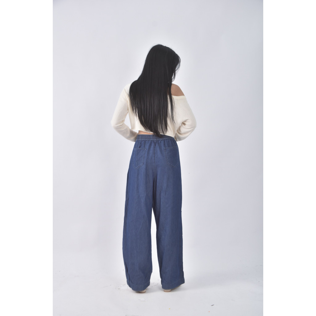 (4XL（含）以上) lativ高腰丹寧牛仔棉質抽繩藍色長褲二手衣, , large