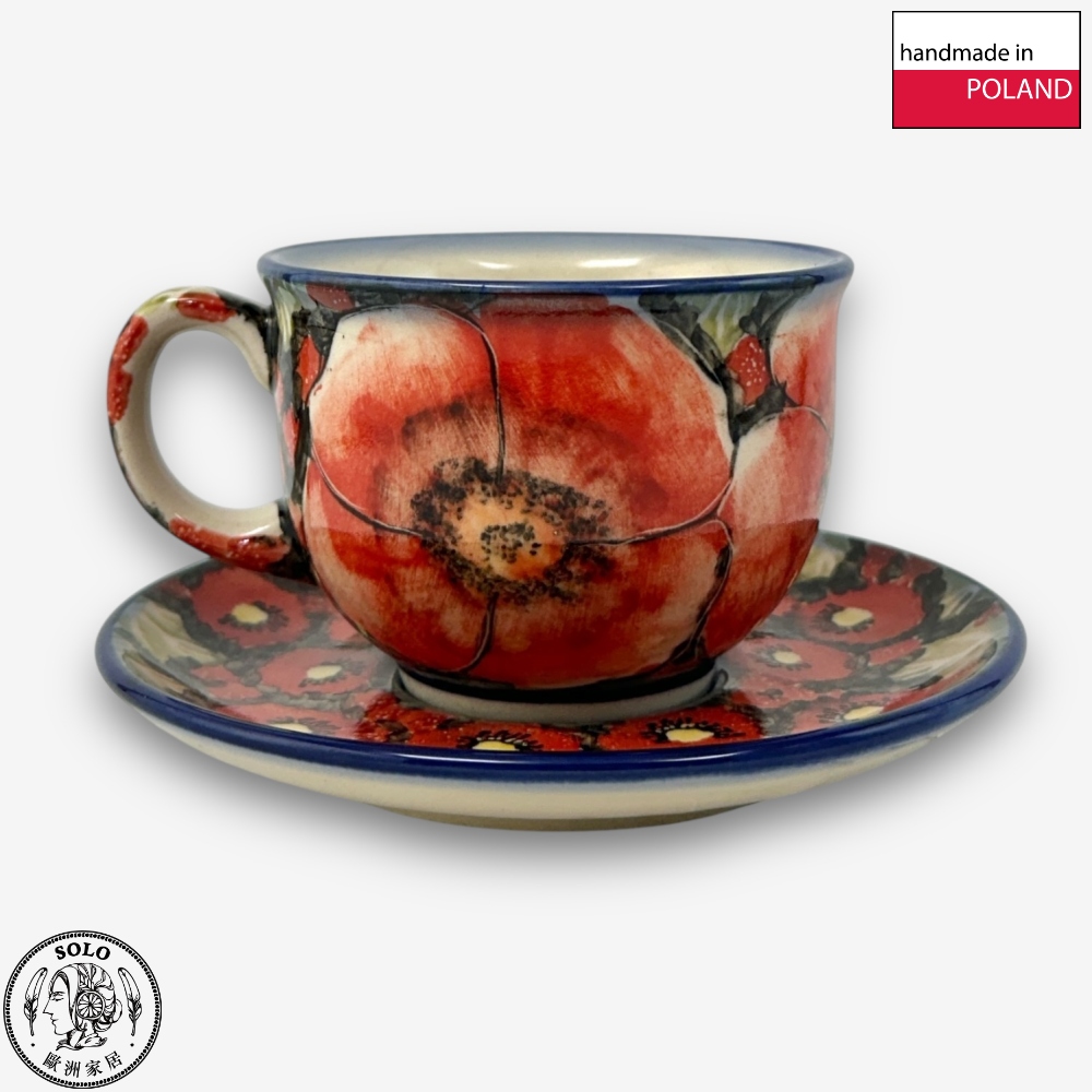 【SOLO Vintage】Cerraf Polish Pottery 200ml Coffee Cup + Saucer Set Crimson Sunset Floral Whisper Series Made in Poland, , large