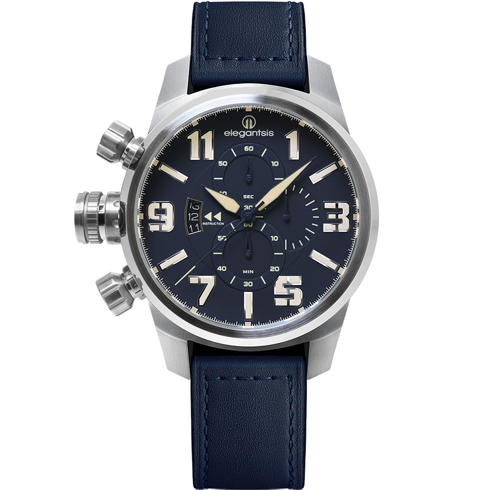 elegantsis 愛樂時 JF48QS-陸海空三軍大錶徑三眼計時手錶-海軍藍/48mm ELJF48QS-OU06L