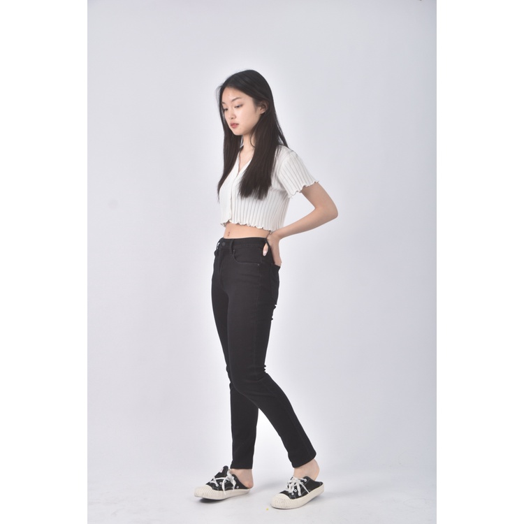 (L) 721 high rise skinny高腰丹寧牛仔質感黑色長褲二手衣, , large
