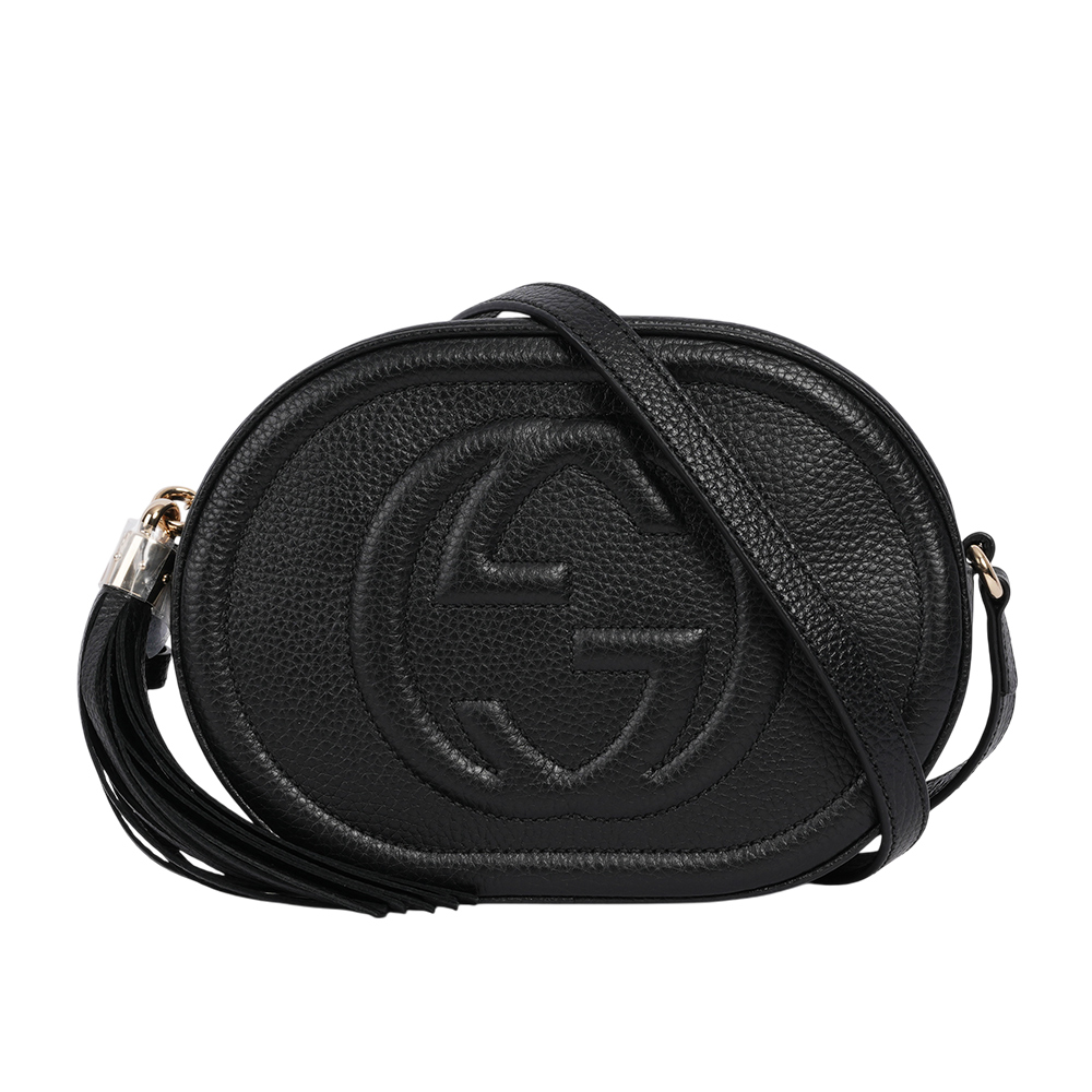 GUCCI SOHO 系列流蘇橢圓造型拉鍊斜背包/黑色
