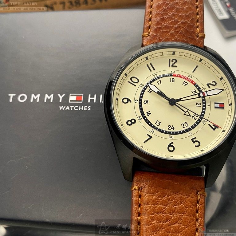 [星晴錶業]TommyHilfiger手錶,44mm,TH00033米黃色錶面黑錶殼咖啡色真皮皮革錶帶款, , large
