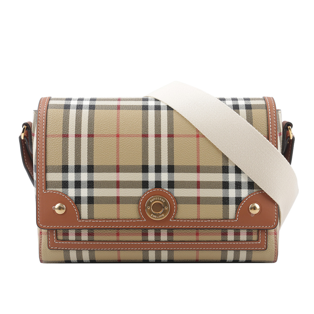 BURBERRY Note Vintage 格紋拼皮革翻蓋斜背包/ 石楠木棕色, , large
