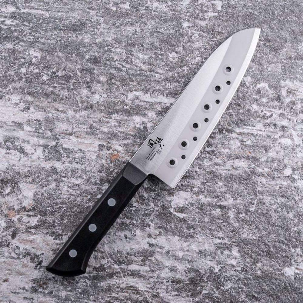 【日本貝印KAI】日本製 若竹名刀 關孫六 料理刀 廚房刀 不鏽鋼刀-16.5cm(帶孔三德刀), , large