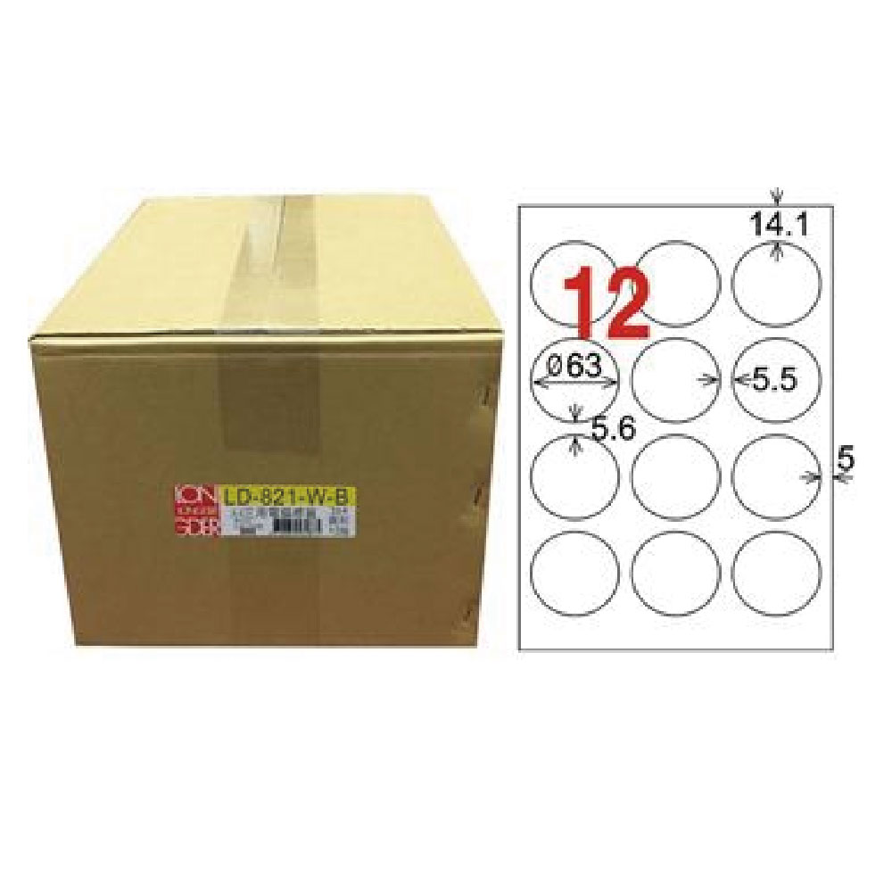 【龍德】LONGDER 三用電腦標籤 A4 12格 圓型標籤 直徑63mm白色1000張/箱 LD-821-W-B(適用雷射、噴墨、影印), , large
