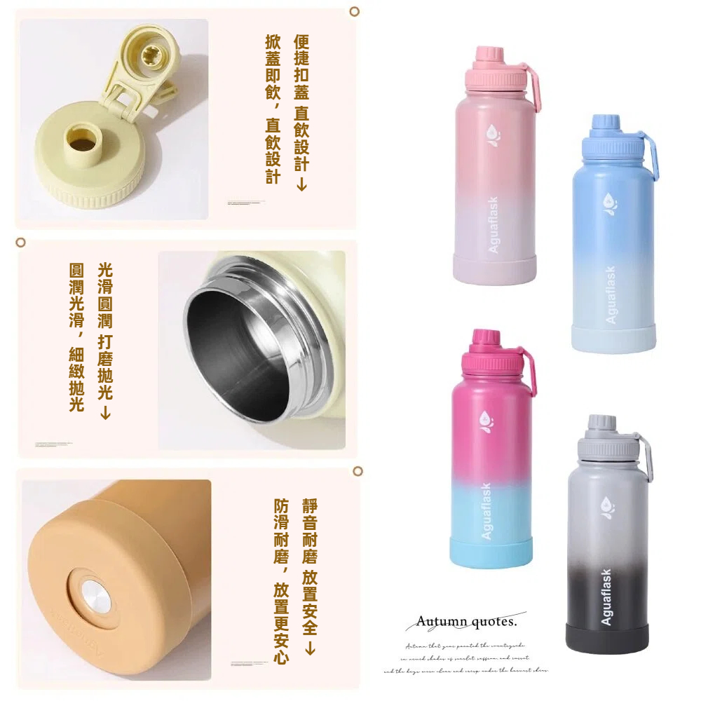 【A&R】304不鏽鋼輕顏漸層鎖溫隨行水壺 1000ML - 霧藍, , large