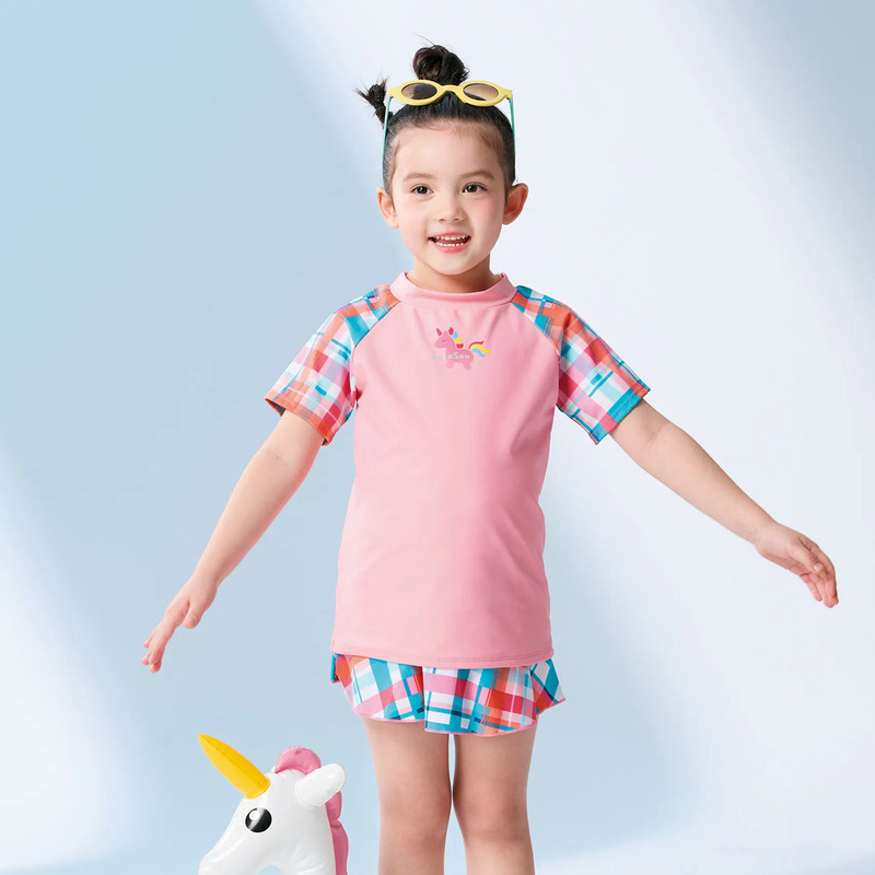 Monina Taiwan-made children's plaid short-sleeved two-piece swimsuit, , large
