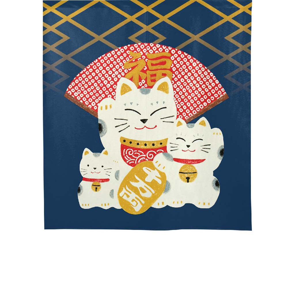 日本製【コスモ】中門簾《招財貓福扇》海軍藍, , large