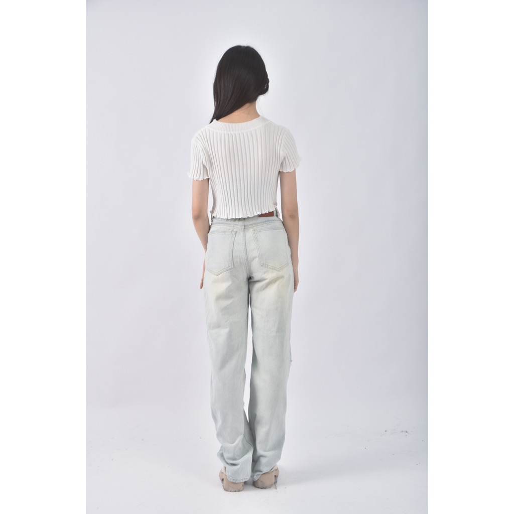 (Ｓ) 【里唯私服】jqu高腰丹寧牛仔刷破藍色長褲二手衣, , large