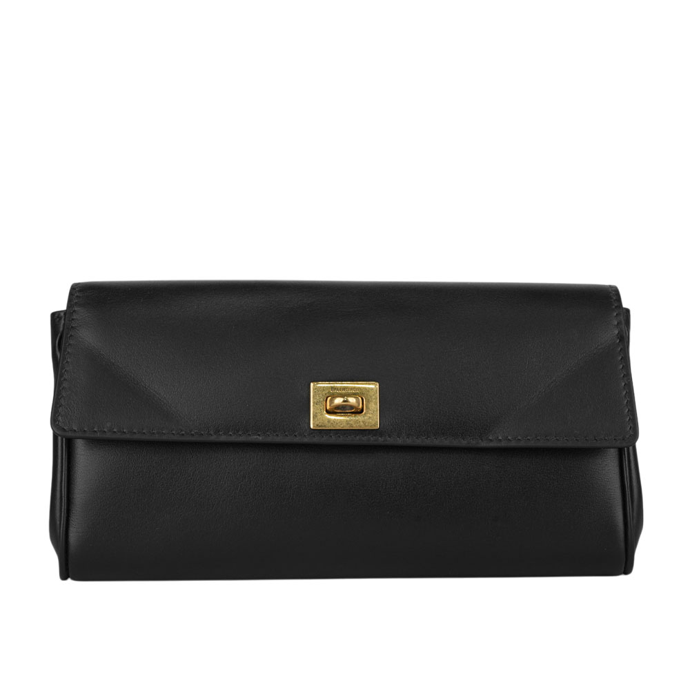 BALENCIAGA Rodeo 金釦平滑小牛皮翻蓋長夾/黑色, , large