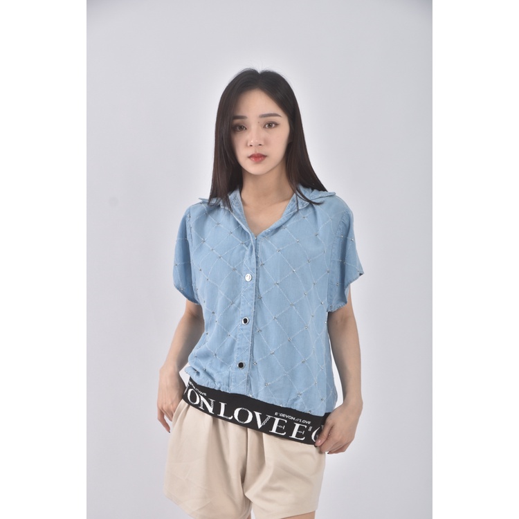 (S) fang fang丹寧牛仔棉質純棉藍色短袖上衣二手衣, , large