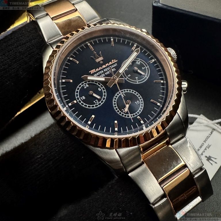 [星晴錶業]MASERATI手錶,42mm,R8853100040寶藍色錶面玫瑰金錶殼金銀相間精鋼錶帶款, , large