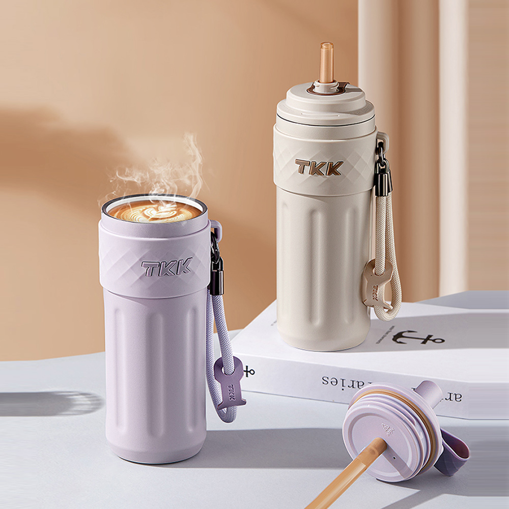 【TKK】律動吸管杯 316不鏽鋼x陶瓷噴塗 保溫杯 運動水壺500ML(附手提繩)-風信紫, , large