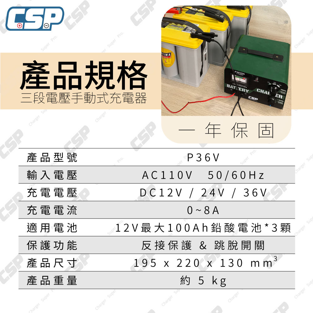 CSP P3608 36V8A Car Charger Old Car Repair 12V Lead-acid Battery Overload Protection Reverse Protection Battery Specific Gravity Recovery Locomotive Charging 24V 36V, , large