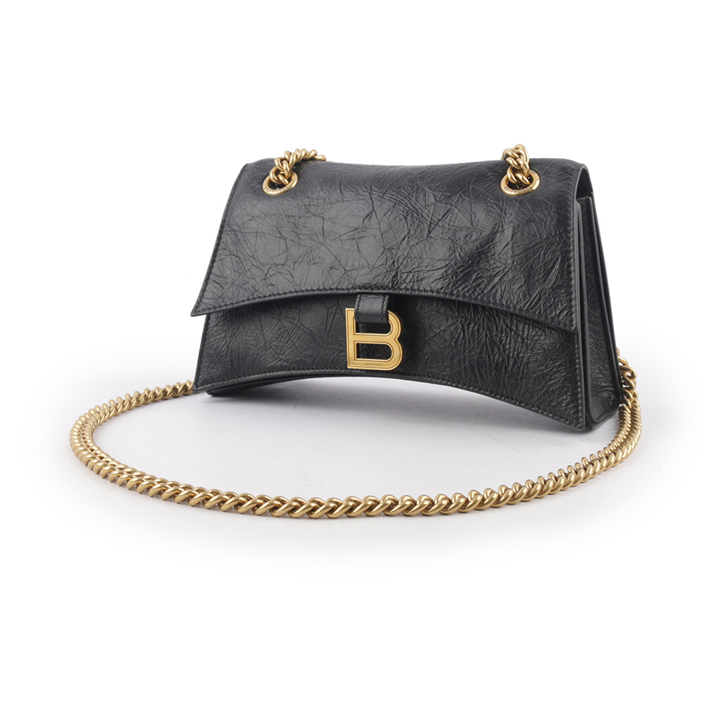 BALENCIAGA CRUSH 金釦皺褶小牛皮二用包/黑色, , large