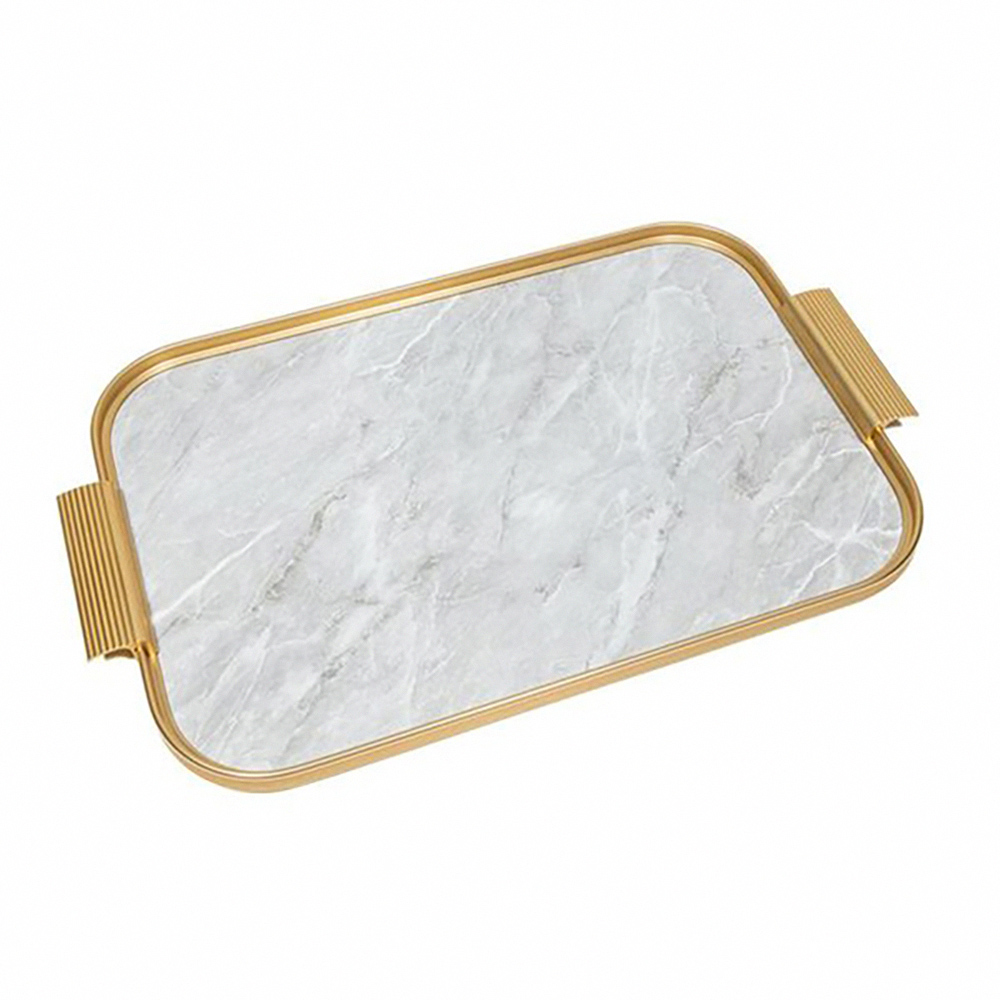 Kaymet Rectangular Tray - Gold Edges + Light Gray Marble - 46x30cm, , large