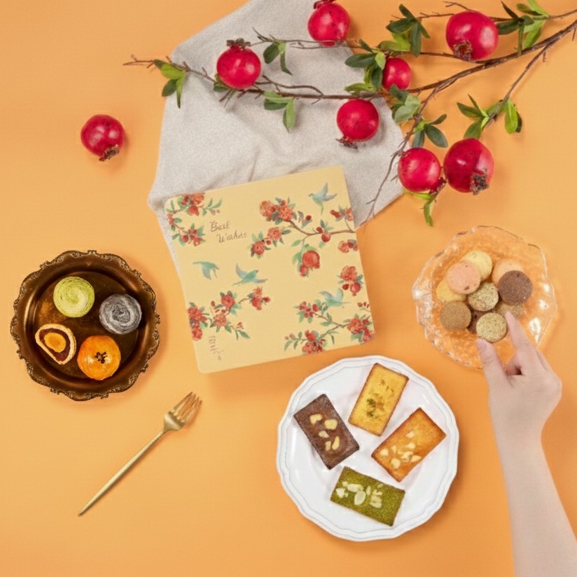 【冊子過年禮盒】彩鳥飛悅雙層禮盒(綜合千層酥7入&金磚甜點餅乾), , large