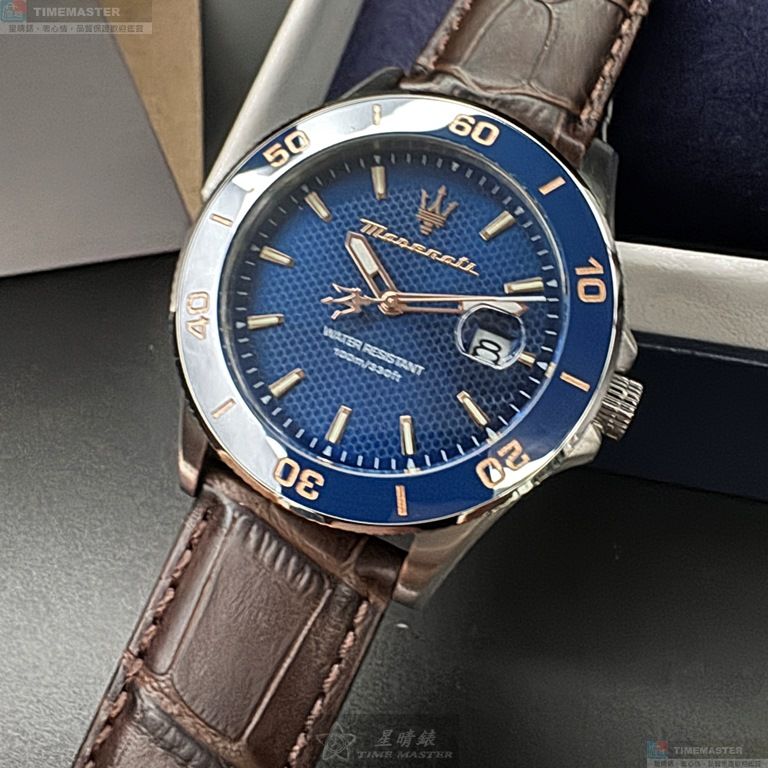 [星晴錶業]MASERATI手錶,44mm,R8851100004寶藍蜂巢幾何錶面寶藍錶殼咖啡色真皮皮革錶帶款, , large
