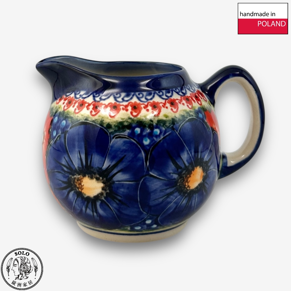 【SOLO Vintage】Cerraf Polish Pottery 320ml Milk Jug Red and Blue Blossoming Elegance Series Made in Poland, , large
